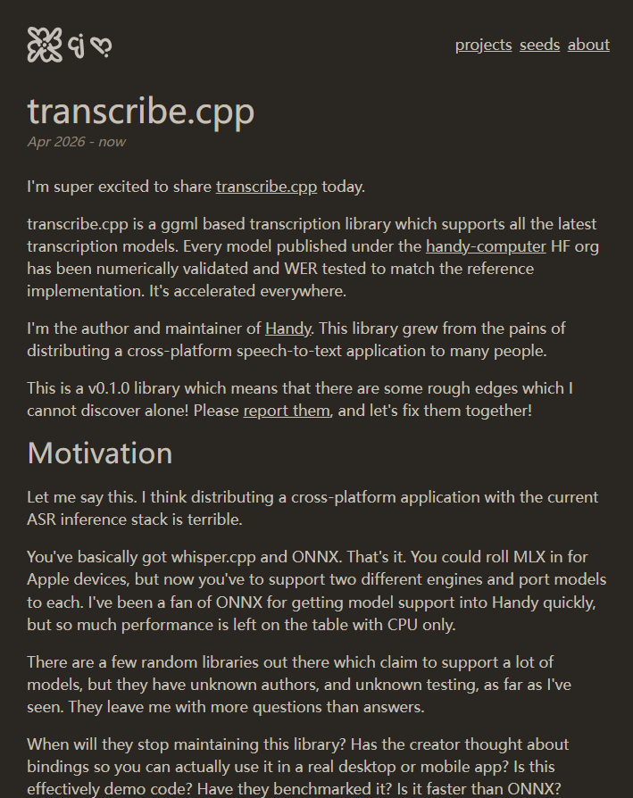 嫌whisper.cpp和ONNX不够用?Handy作者开源transcribe.cpp:60+转录模型、GPU加速、即插即用替代